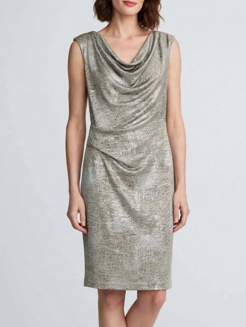 Vince Camuto Women's Metallic Cowl Neck Ruched Sheath Dress Size 12 Silver Gold